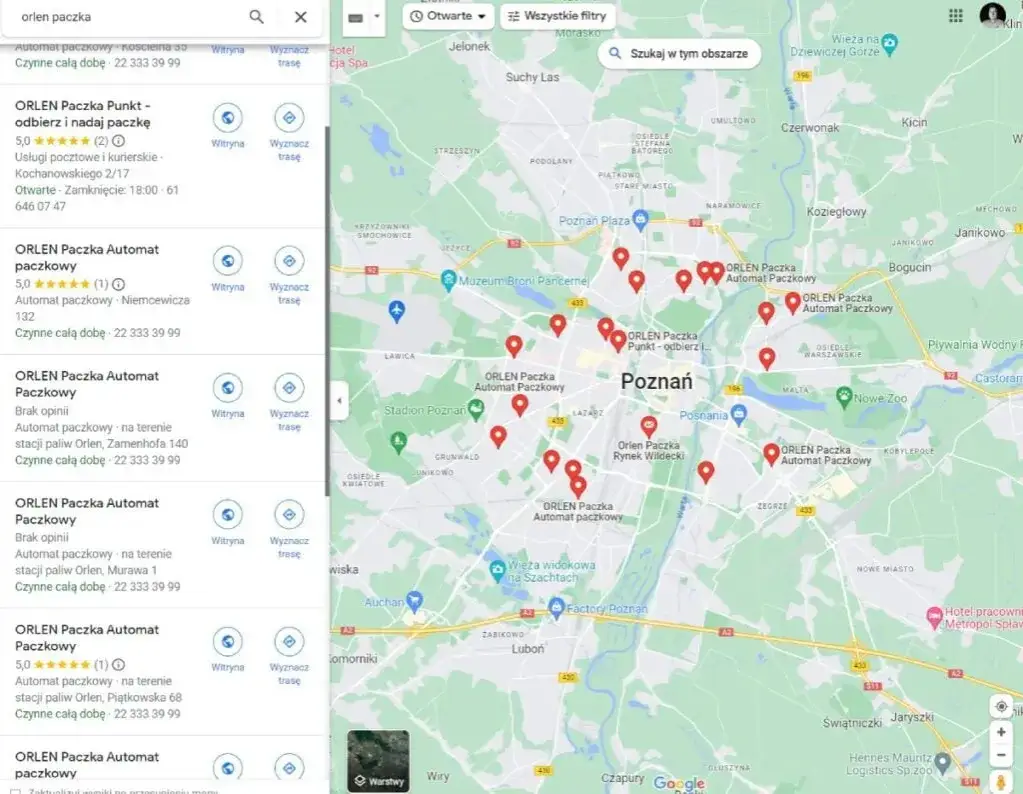Mapa punkt&oacute;w ORLEN Paczka