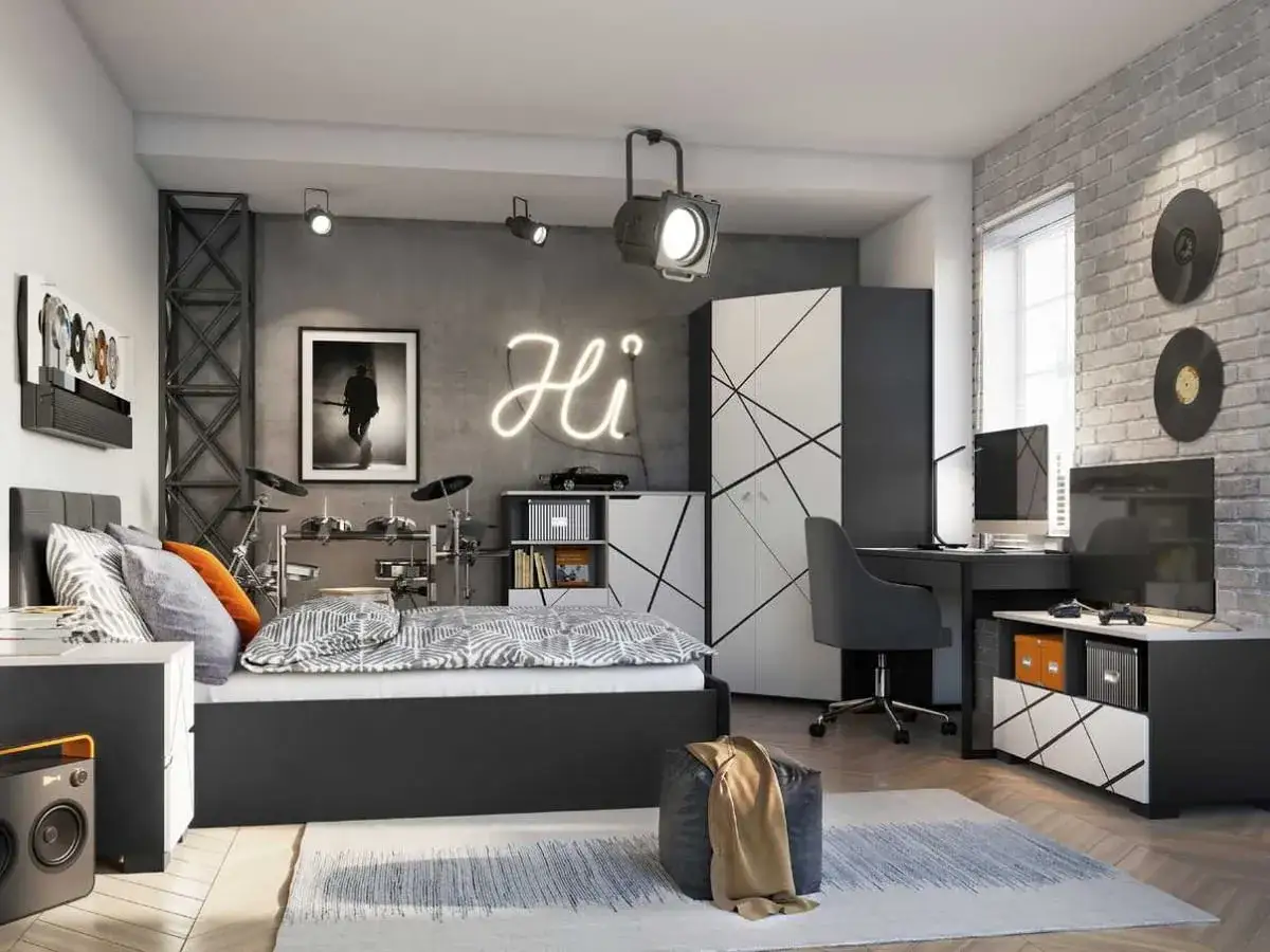 Nowoczesny, bardzo mały pok&oacute;j dla chłopca z ł&oacute;żkiem, biurkiem, szafą i perkusją. Neonowe 