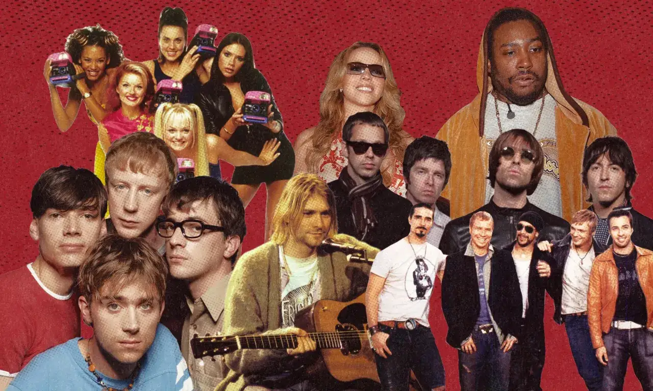 Ikony muzyki lat 90.: Spice Girls, Mariah Carey, Kurt Cobain, Oasis, Blur, Backstreet Boys i inni.