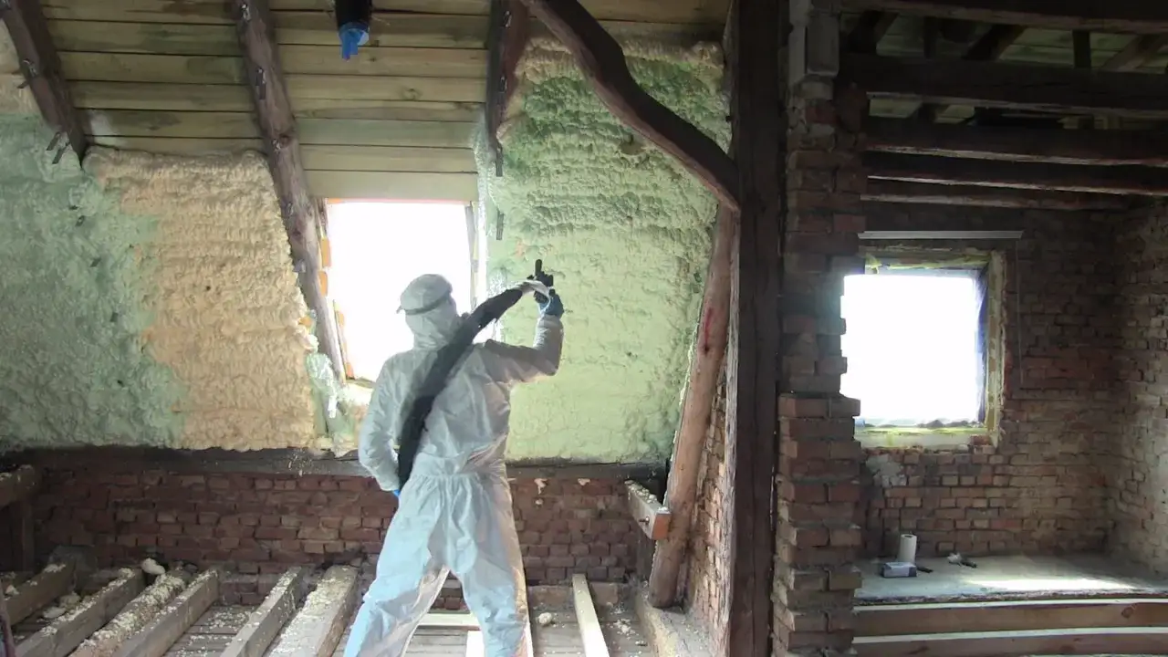 Pracownik w kombinezonie wykonuje ocieplanie pianką PUR poddasza. Pianka szczelnie wypełnia przestrzeń między drewnianymi belkami i ceglanymi ścianami.