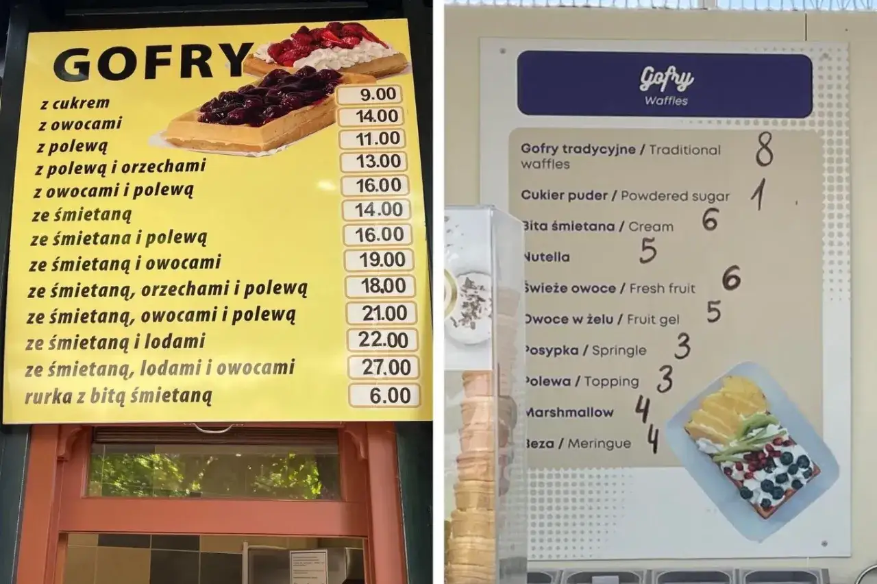 Cennik gofrów nad morzem: od 6 zł za rurkę z bitą śmietaną do 27 zł za gofra ze śmietaną, lodami i owocami. Dodatki od 1 zł.