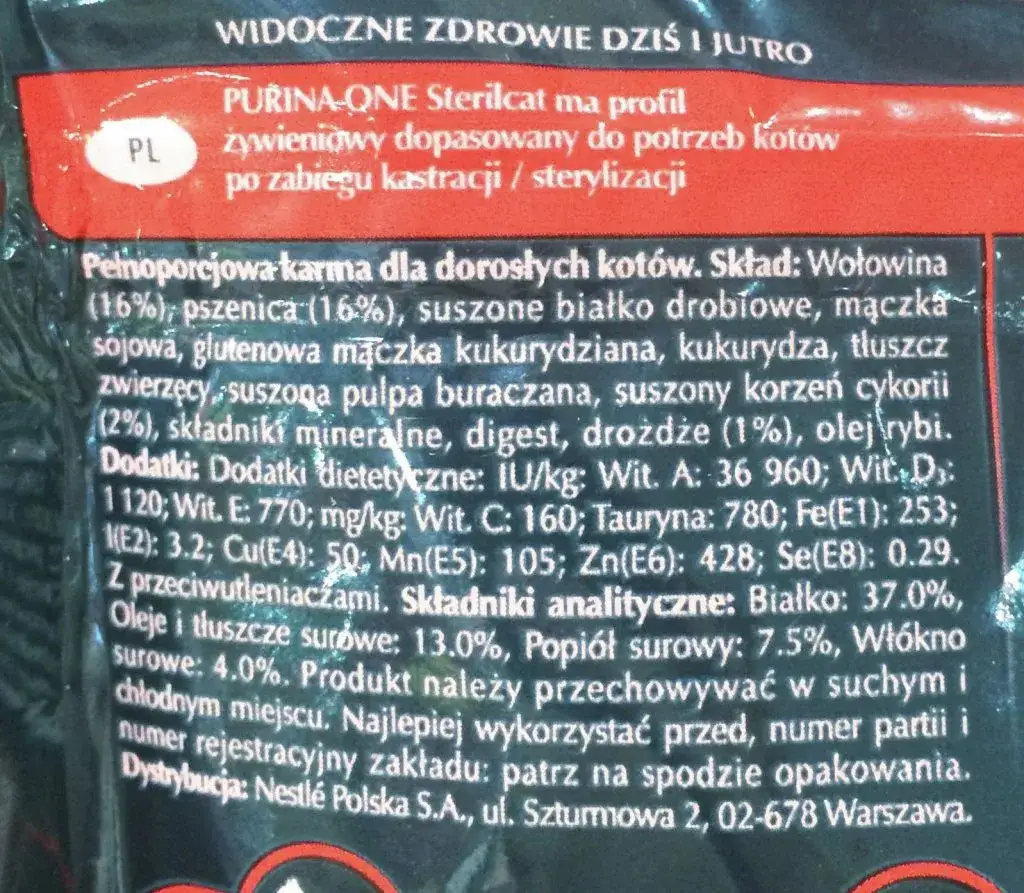 etykieta składu karmy dla zwierząt