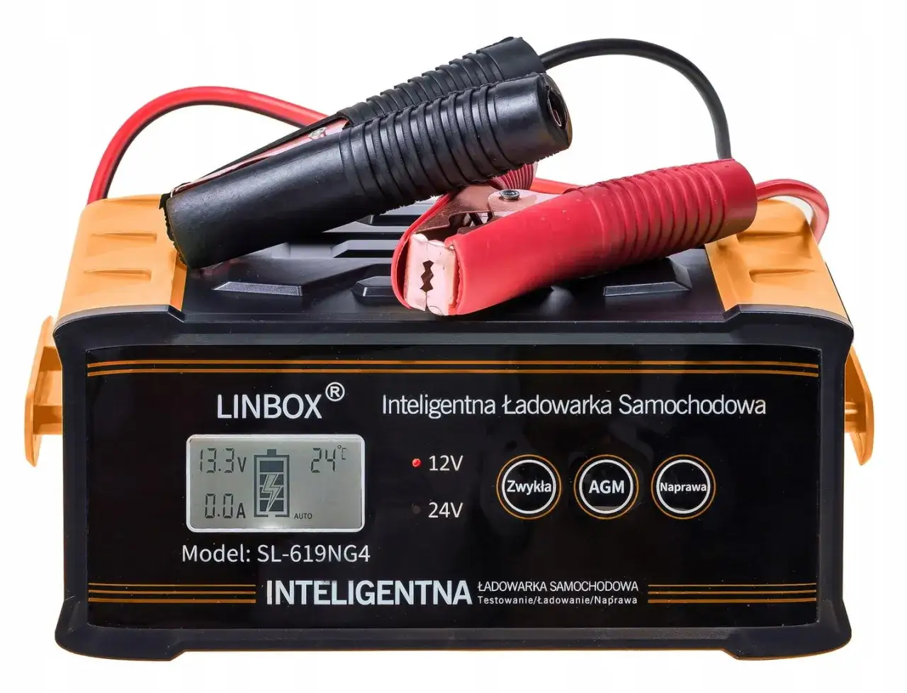 Inteligentna ładowarka samochodowa LINBOX z klemami. Pozwala ładować akumulator w samochodzie bez zdejmowania klem.