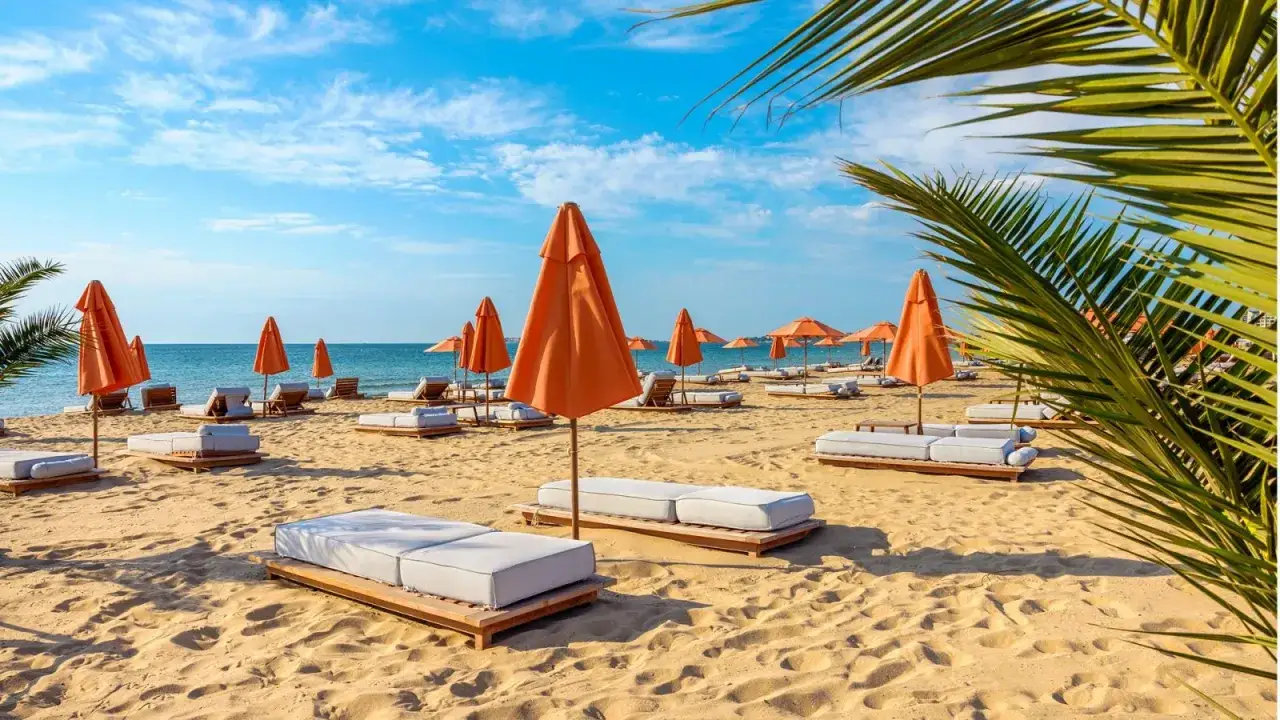 Słoneczne **złote piaski Bułgaria** z pomarańczowymi parasolami i leżakami, gotowe na wakacyjny relaks nad morzem.