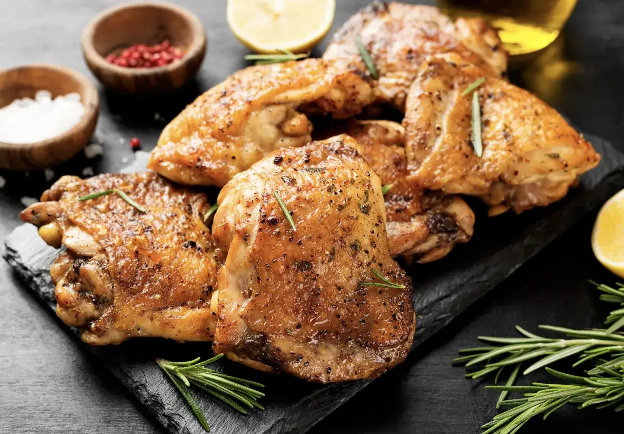 Złocisty kurczak pieczony z rozmarynem i cytryną, podany na czarnym kamieniu. Idealna przyprawa złocisty kurczak podkreśla smak.