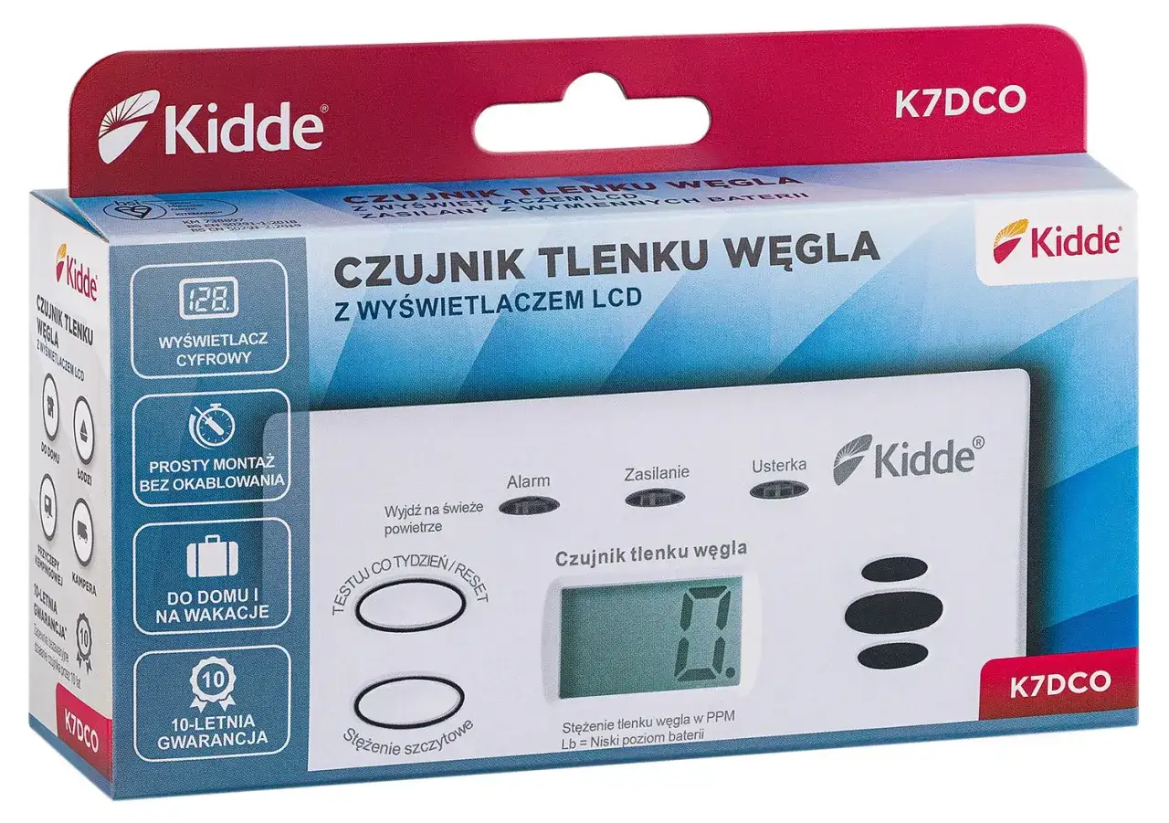 Czad co to jest? Czujnik tlenku węgla Kidde z wyświetlaczem LCD, zasilany bateriami. Prosty montaż, idealny do domu i na wakacje. 10 lat gwarancji.