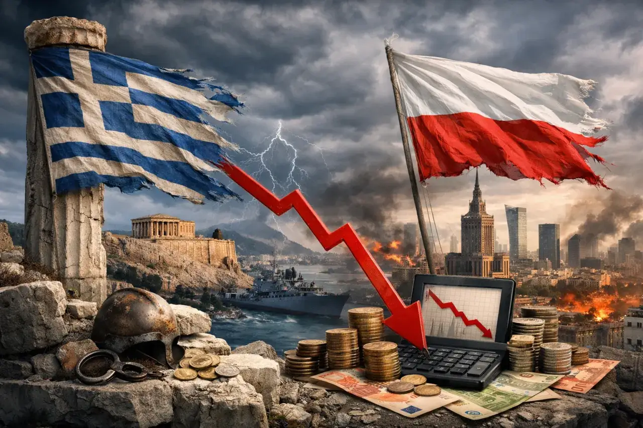 Symboliczna wizja kryzysu gospodarczego Grecji po przyjęciu euro. Zniszczona grecka flaga, starożytne ruiny i spadający wykres na tle burzowego nieba.