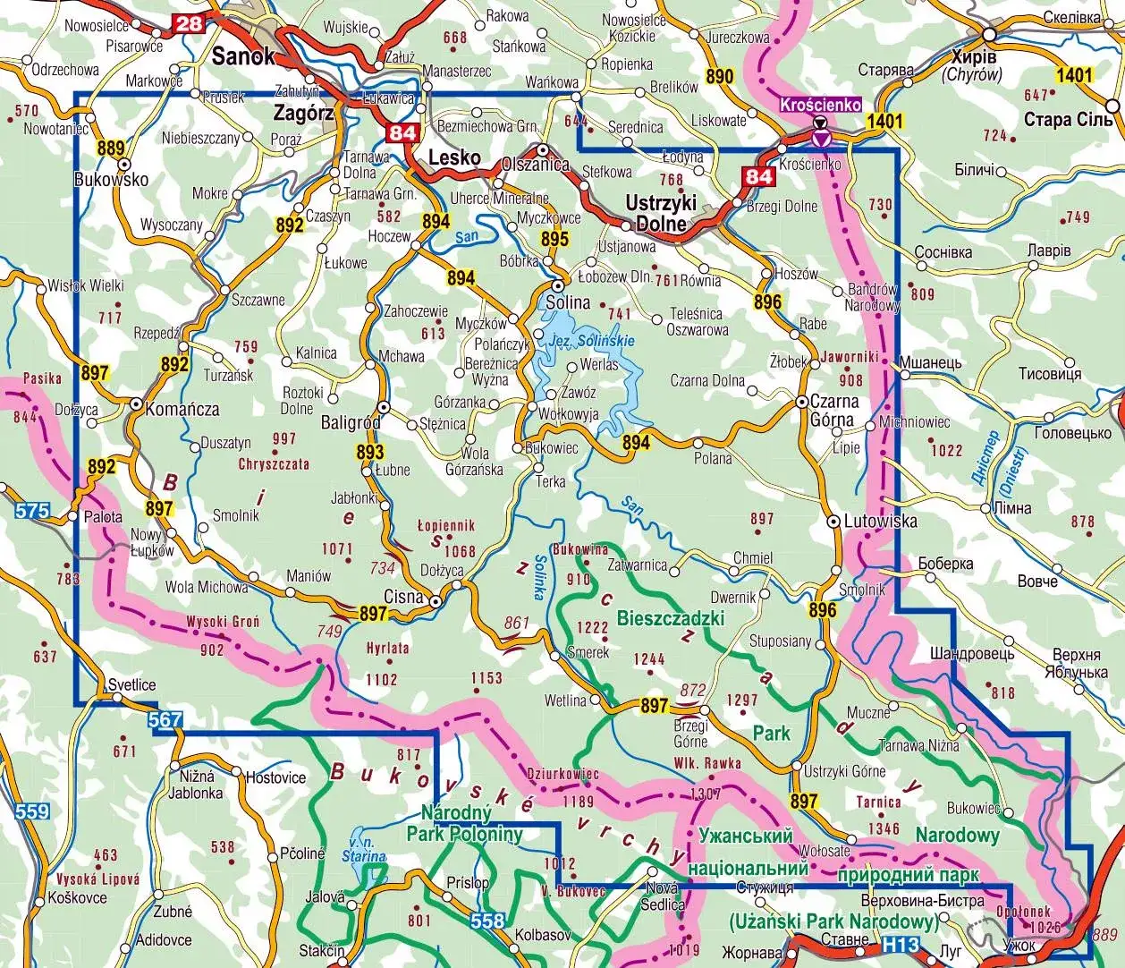 Mapa Bieszczadów z zaznaczoną Tarnicą i okolicznymi miejscowościami