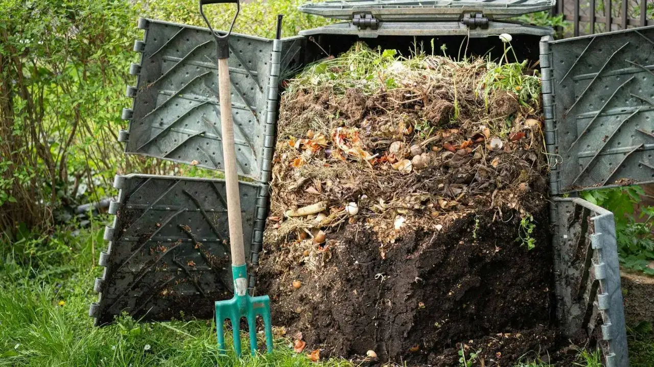 Kompostownik pełen resztek organicznych i widły obok. Dowiedz się, jak zrobić dobry kompost, by wzbogacić glebę w ogrodzie.