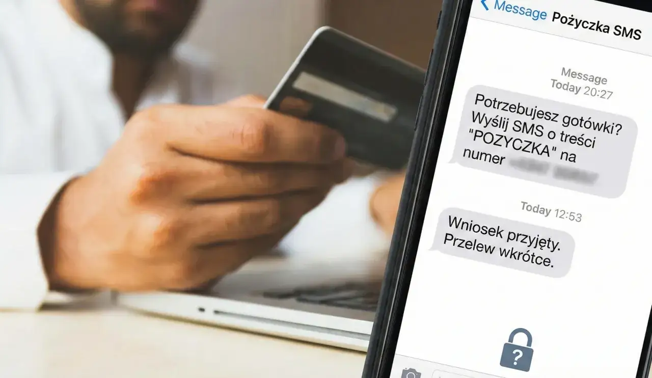 Osoba z kartą płatniczą w ręku, obok laptopa, otrzymuje SMS: 