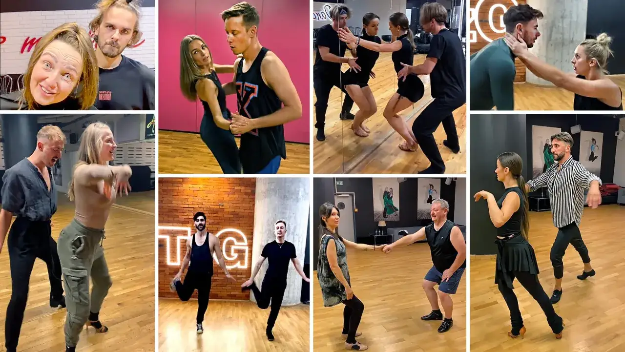 Kolaż zdjęć przedstawiający pary w ruchu, ćwiczące kroki taneczne. Widać r&oacute;żne style i układy, każdy element to mała rama w tańcu.