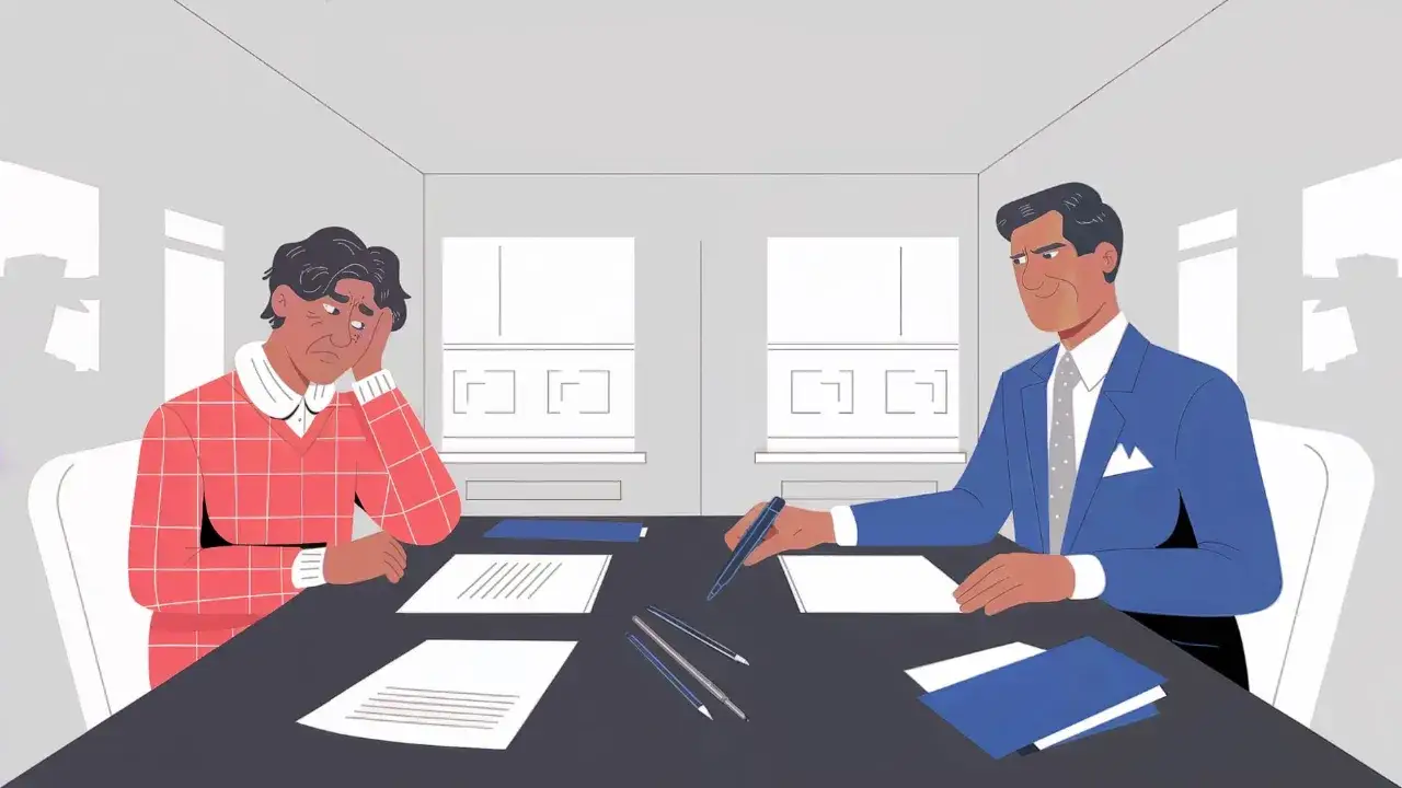 Smutny mężczyzna w kratkę i pewny siebie w garniturze przy stole. Jak negocjować cenę mieszkania?