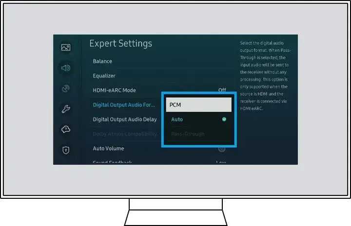 Menu ustawień dźwięku w telewizorze