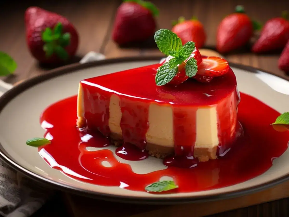 Idealny pomysł, co dać na wierzch sernika: porcja kremowego sernika polana błyszczącym sosem truskawkowym, ozdobiona świeżymi owocami i miętą.