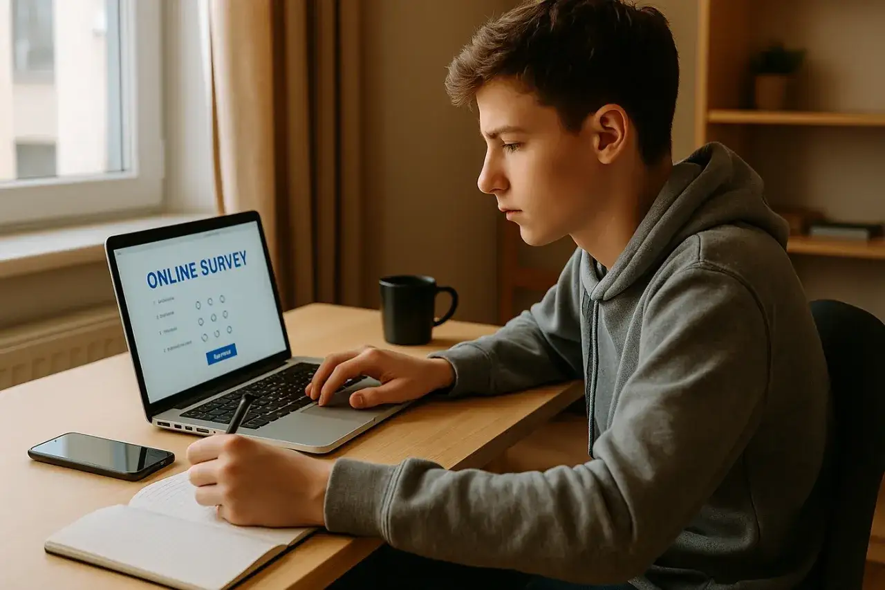 Chłopak wypełnia ankietę online na laptopie, notując odpowiedzi w zeszycie. To jego praca dla nieletnich zdalna.