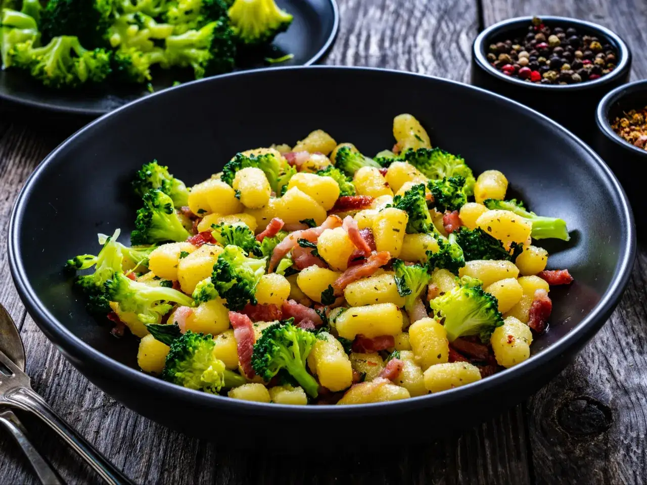 Pyszne gnocchi z boczkiem i brokułami, podane w czarnej misce na drewnianym stole.