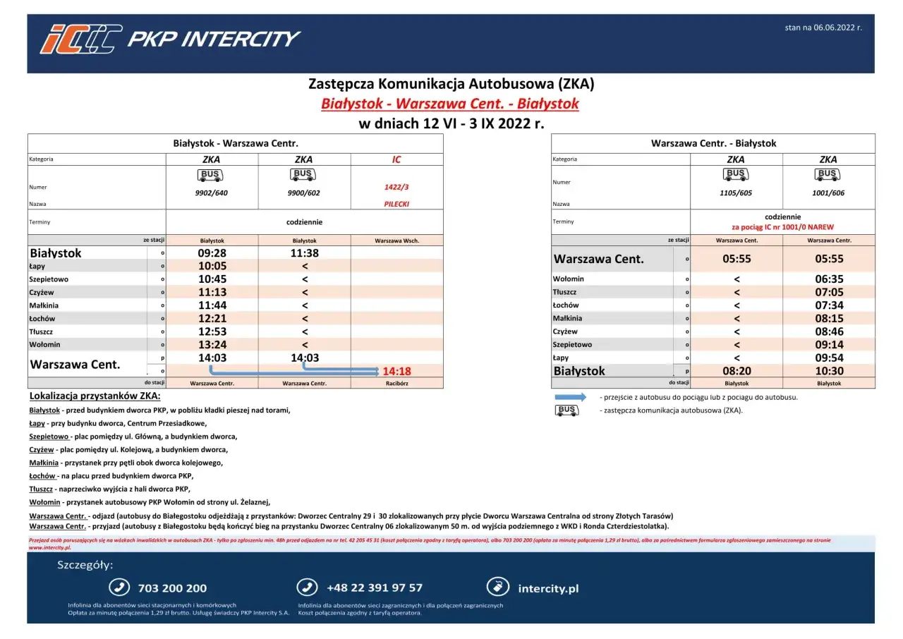 Rozkład jazdy PKP Białystok - Warszawa. Zastępcza komunikacja autobusowa (ZKA) między miastami.