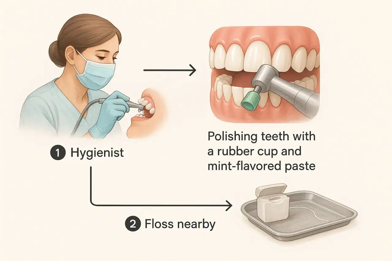 Higienistka poleruje zęby pastą. Pamiętaj, że piaskowanie zęb&oacute;w niszczy szkliwo, dlatego po zabiegu warto nitkować.