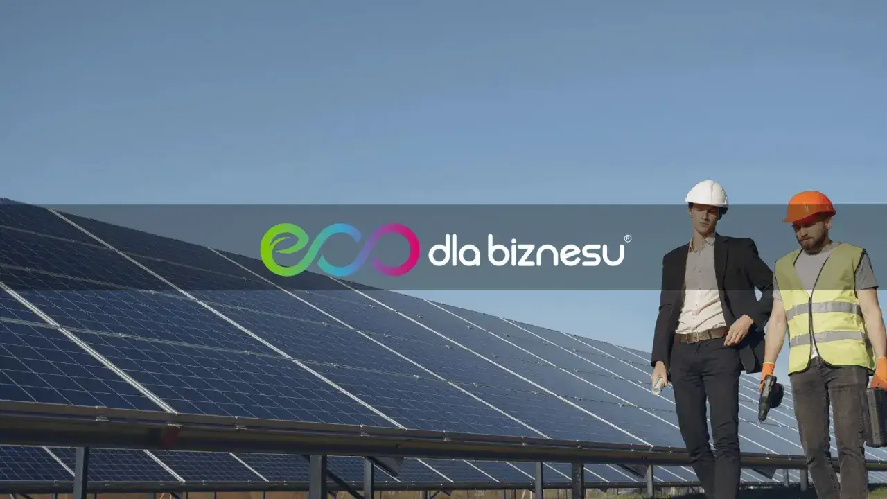 Dwóch mężczyzn na tle farmy fotowoltaicznej w Polsce. Logo 