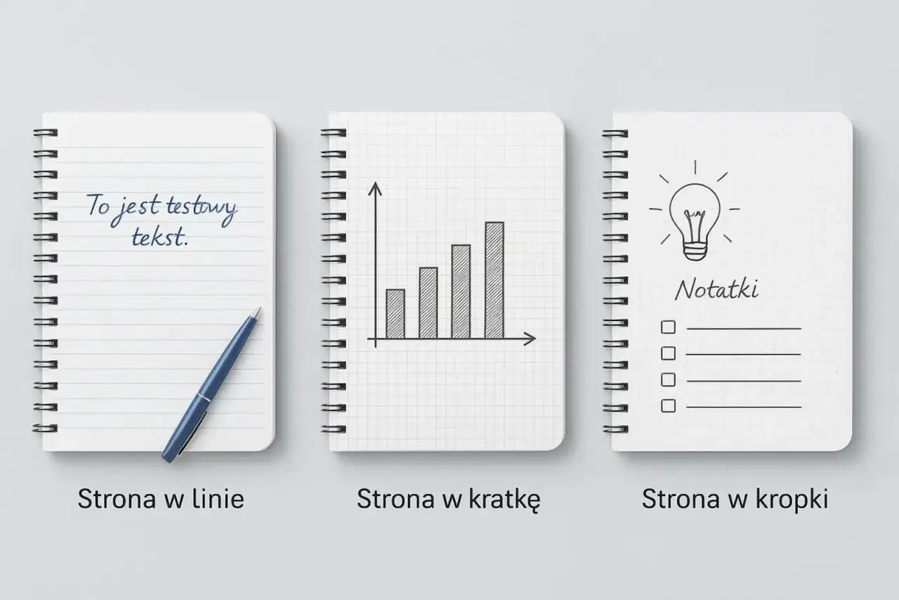 Trzy notatniki: w linie z tekstem, w kratkę z wykresem słupkowym, w kropki z żarówką i listą.