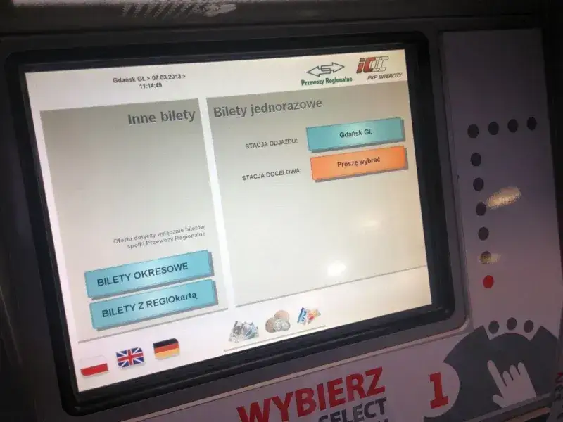 Biletomat PKP awaria ekran