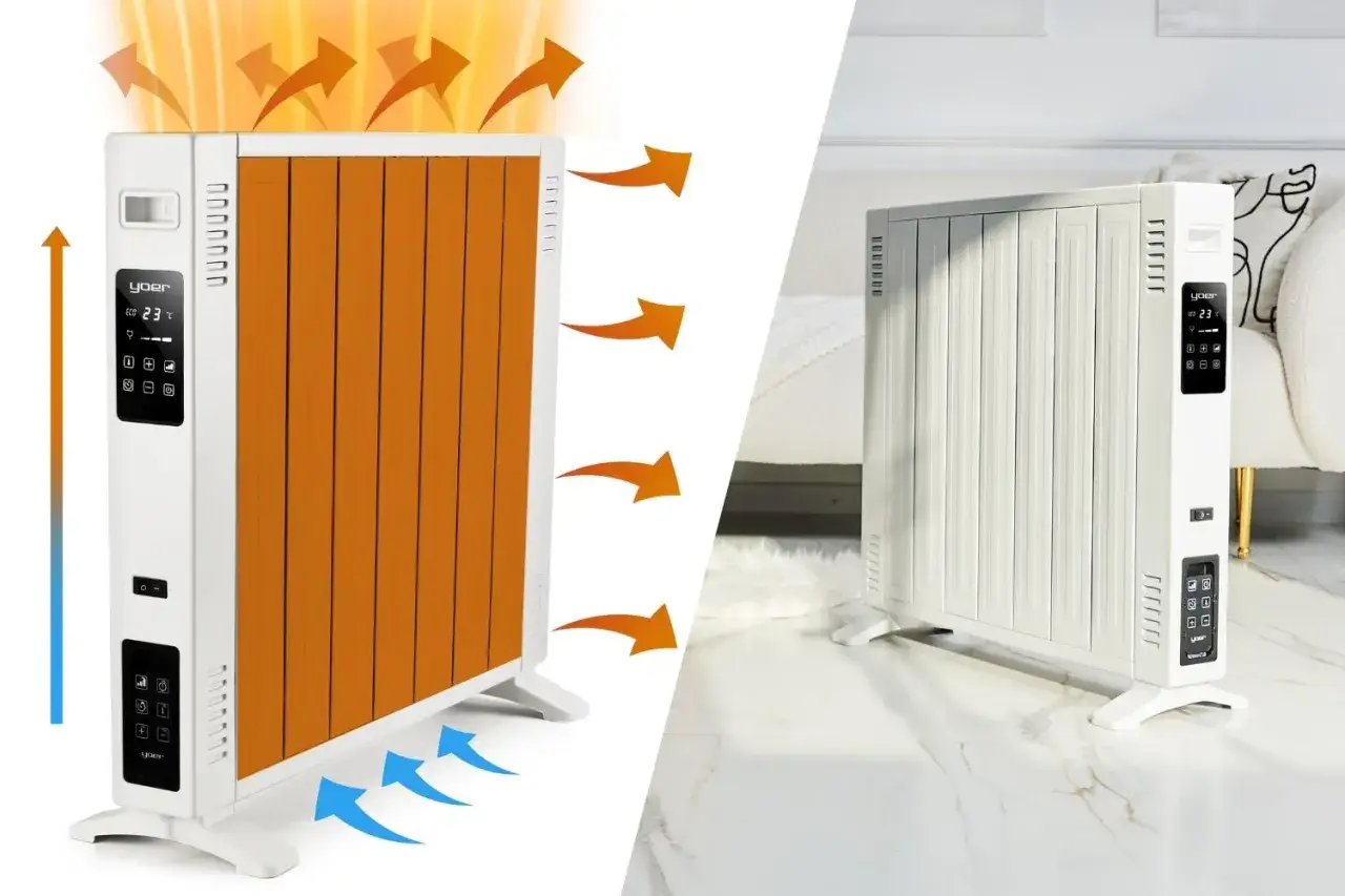 Grzejniki konwekcyjne elektryczne Yoer, z pomarańczowymi elementami, emitują ciepło, ogrzewając pomieszczenie.