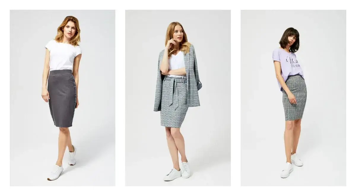 szara sp&oacute;dnica kolorowa bluzka stylizacje