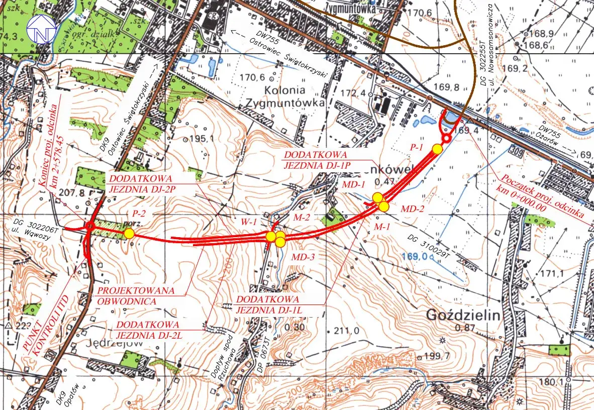 Mapa dojazdu do Ostrowca Świętokrzyskiego z zaznaczonymi drogami DK9 DK42