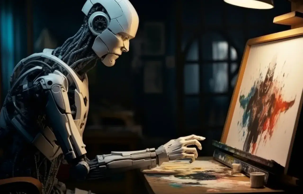 Robot artysta tworzy abstrakcyjny obraz. Jak zacząć z AI nie mając wiedzy technicznej? Nawet robot może zacząć od prostych narzędzi.