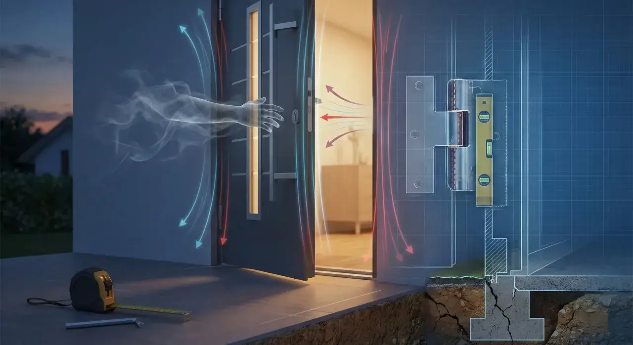 Ilustracja pokazuje otwarte drzwi, przez które widać dym i przepływ powietrza. Po prawej stronie widoczny jest przekrój z poziomnicą, sugerujący montaż okna hst a podłogą.