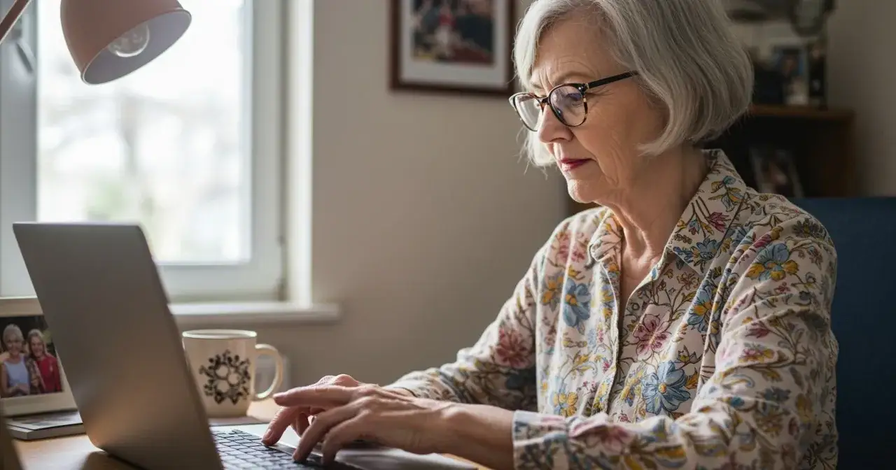 Starsza pani sprawdza w internecie, gdzie sprawdzić kolejkę do sanatorium z NFZ.