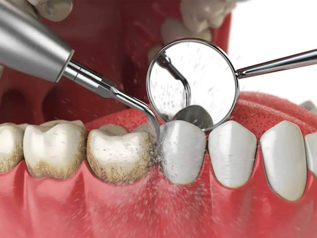 Dentysta usuwa kamień nazębny ultradźwiękami. Widać, jak kamień nazębny sam odpada z zęb&oacute;w, a w lustrze odbija się narzędzie.