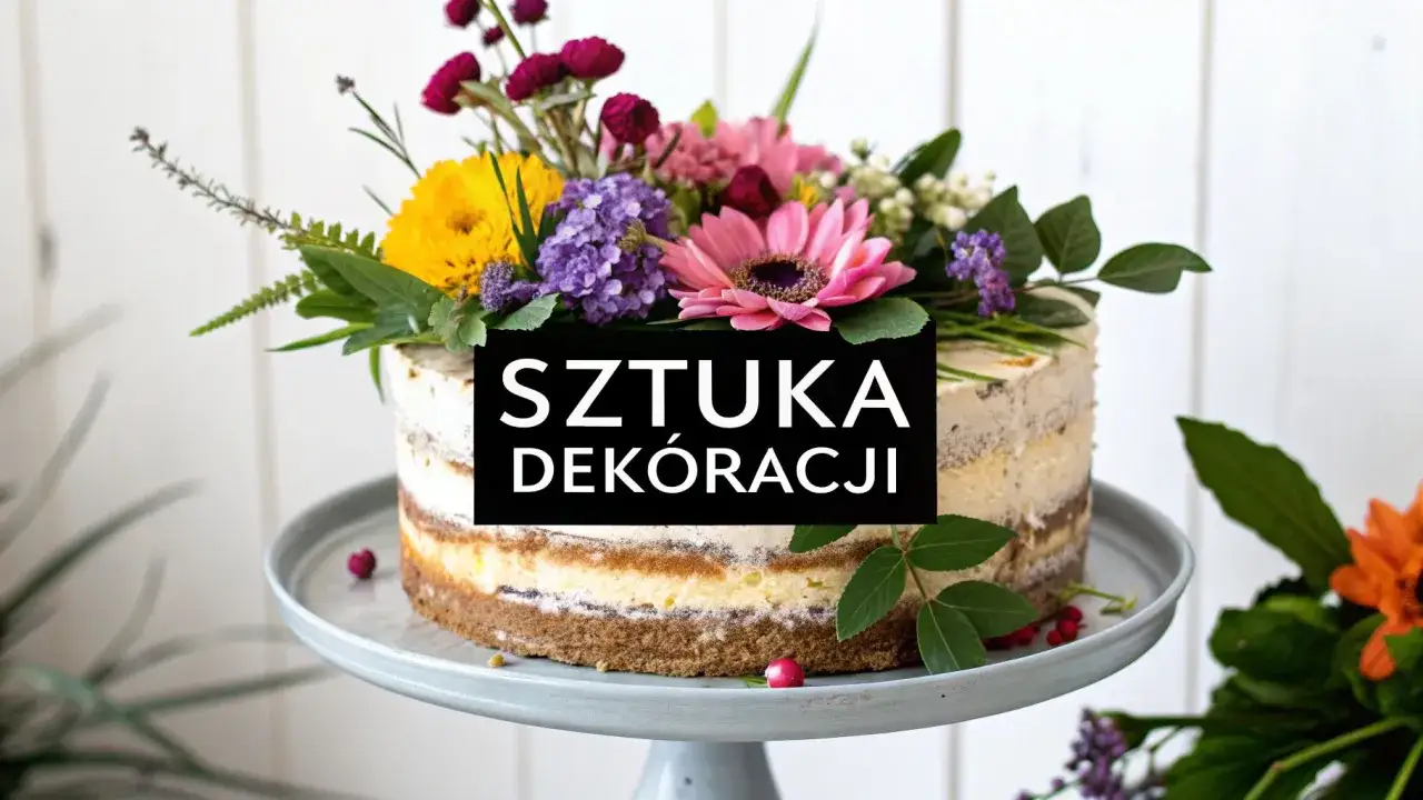 Nagi tort z żywymi kwiatami, symbolizujący sztukę dekoracji. Kolorowe kwiaty i zieleń tworzą bujną kompozycję.