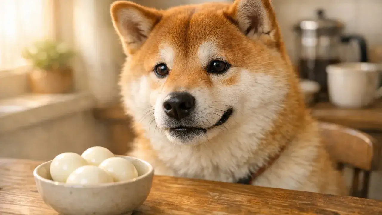 Shiba Inu z zaciekawieniem patrzy na miseczkę z jajkami. Czy pies może jeść jajko? Ten słodki piesek chyba już wie!