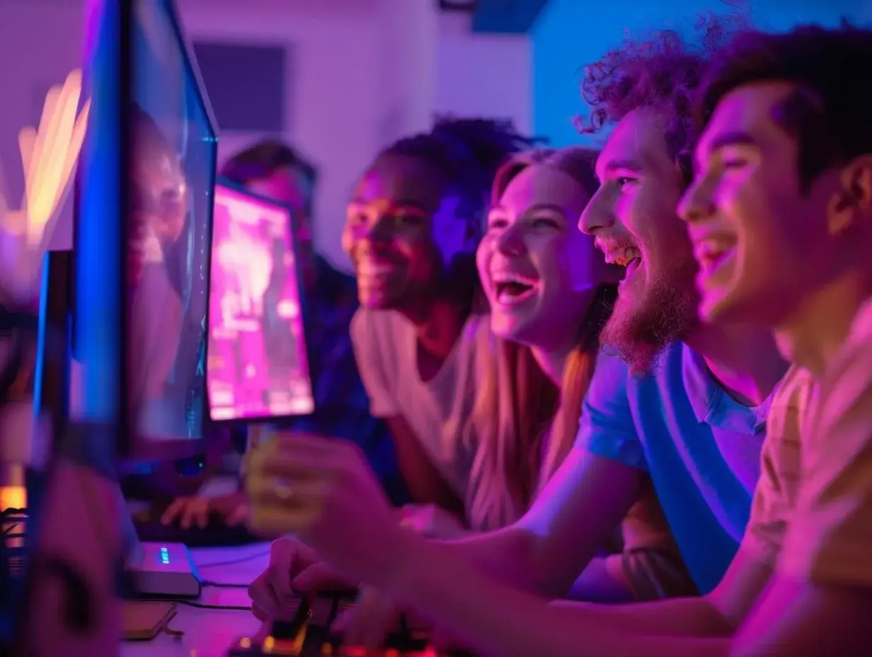 Uśmiechnięci młodzi ludzie grają w gry ze znajomymi w klimatycznym, neonowym świetle.