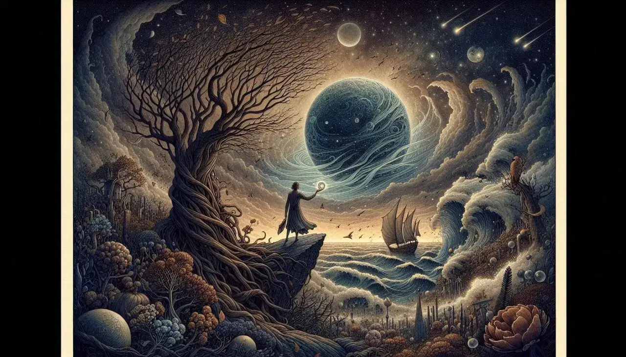 Postać na klifie, patrząca na kosmiczną falę i planetę. Jak cytaty o ludziach, kt&oacute;rzy zawiedli, obraz budzi rozczarowanie.