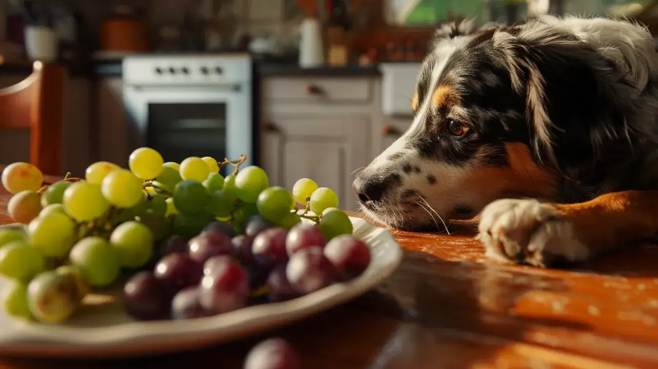 Piesek z zaciekawieniem wpatruje się w talerz winogron. Czy pies może jeść winogrona? To pytanie nurtuje wielu właścicieli czworonog&oacute;w.