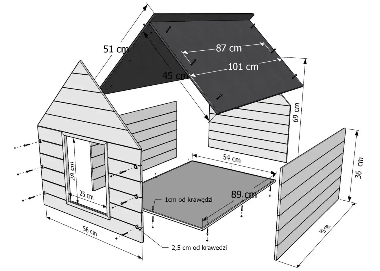 Schemat pokazuje, jak zrobić budę dla psa. Wymiary element&oacute;w: ściany, dach, podłoga.