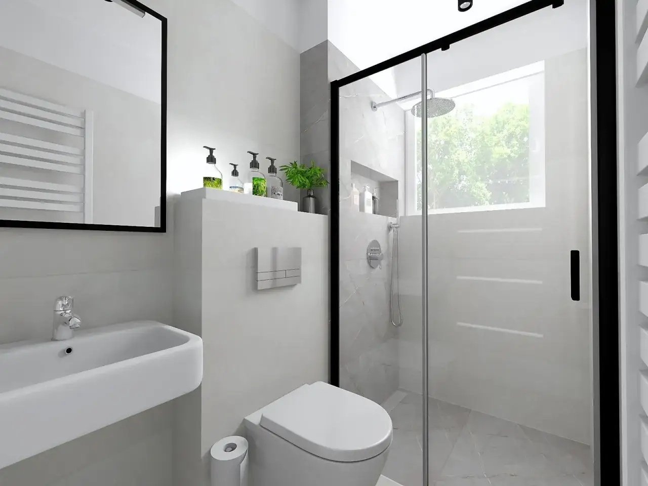 Nowoczesna, bardzo mała łazienka z prysznicem. Biała umywalka, wisząca miska WC i szklana kabina prysznicowa.