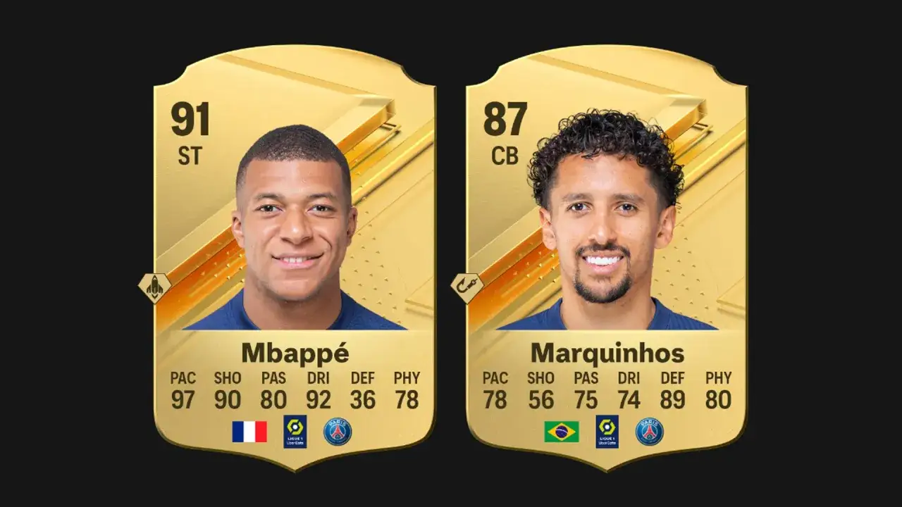 Karty zawodników z Ligue 1: Mbappé (91 ST) i Marquinhos (87 CB) z ich statystykami.