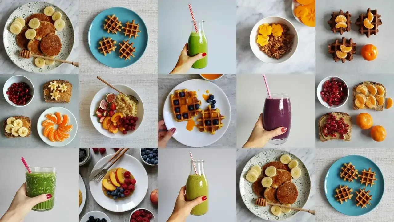 Kolorowe kompozycje na śniadanie na słodko: placuszki, gofry, owsianka z owocami, tosty z masłem orzechowym i owocami, smoothie.