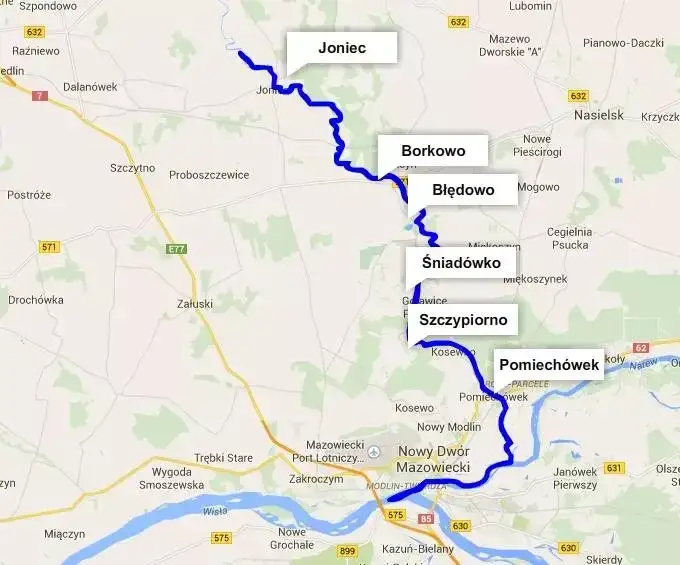 mapa tras spływ&oacute;w kajakowych Wkra Pomiech&oacute;wek