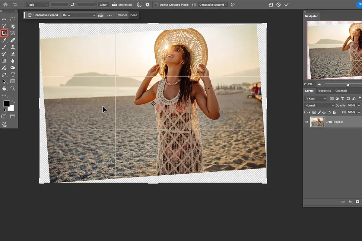 Photoshop Crop Tool straighten example