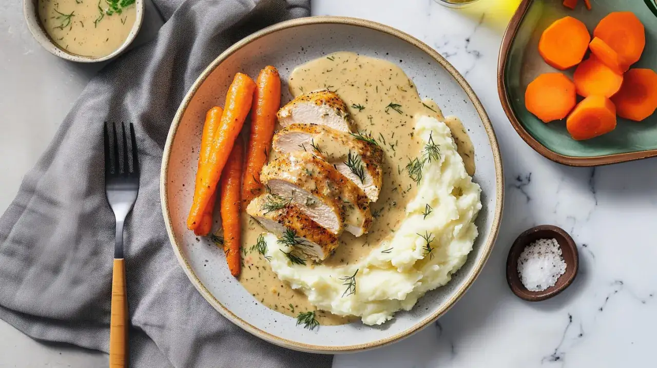 Pyszny filet z indyka w sosie, podany z puree ziemniaczanym i marchewką. Idealny pomysł, co zrobić z fileta z indyka na obiad.