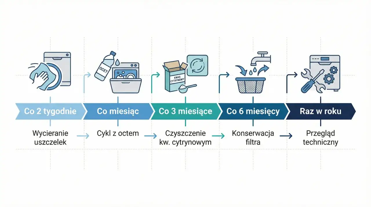 Schemat pokazuje, jak czyścić zmywarkę: wycieranie uszczelek co 2 tyg., cykl z octem co miesiąc, czyszczenie kwaskiem cytrynowym co 3 mies., konserwacja filtra co 6 mies., przegląd techniczny raz w roku.