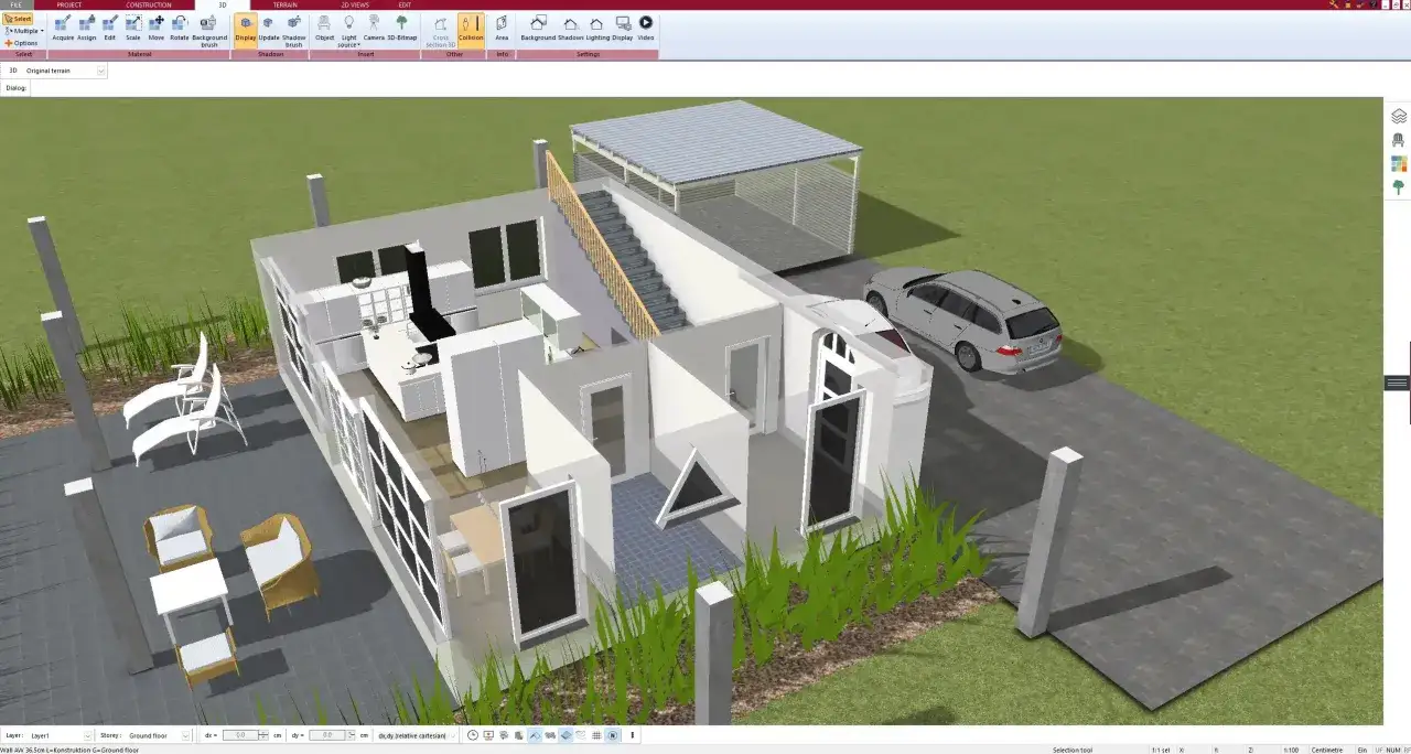Darmowy program do projektowania wnętrz 3d po polsku. Wizualizacja domu z ogrodem, kuchnią, schodami i samochodem.