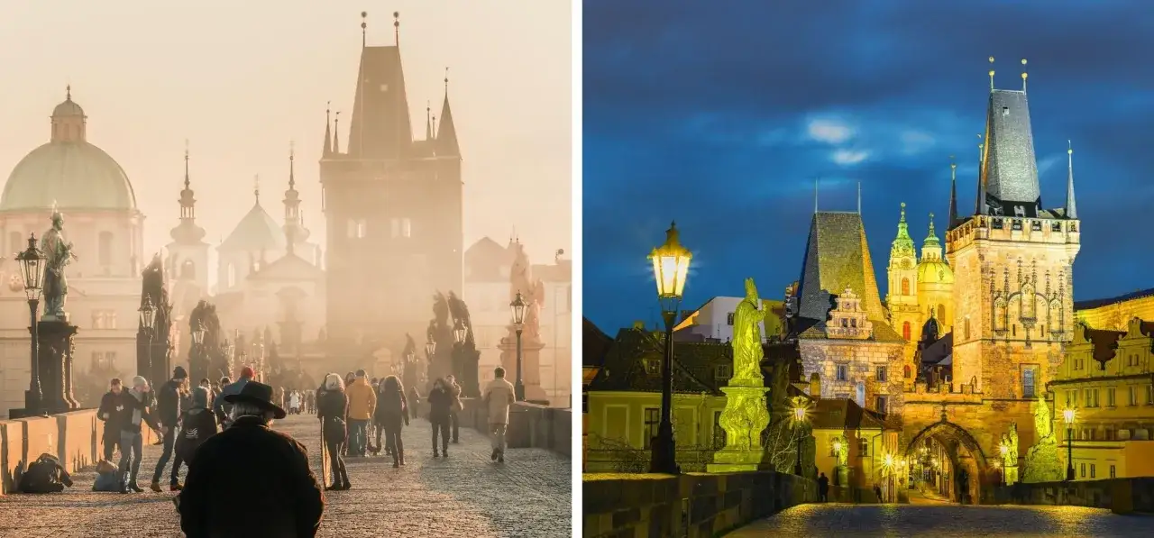 Mglisty poranek i nocne iluminacje na moście Karola w Pradze. Kamienne rzeźby i wieże w otoczeniu zabytkowej architektury.