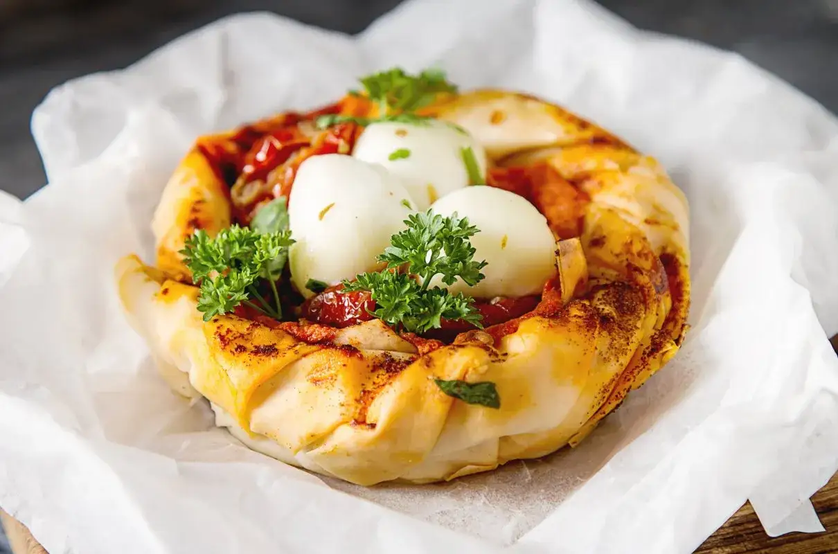 Pyszne ciasto filo na słono z jajkami przepiórczymi, pomidorkami i ziołami.