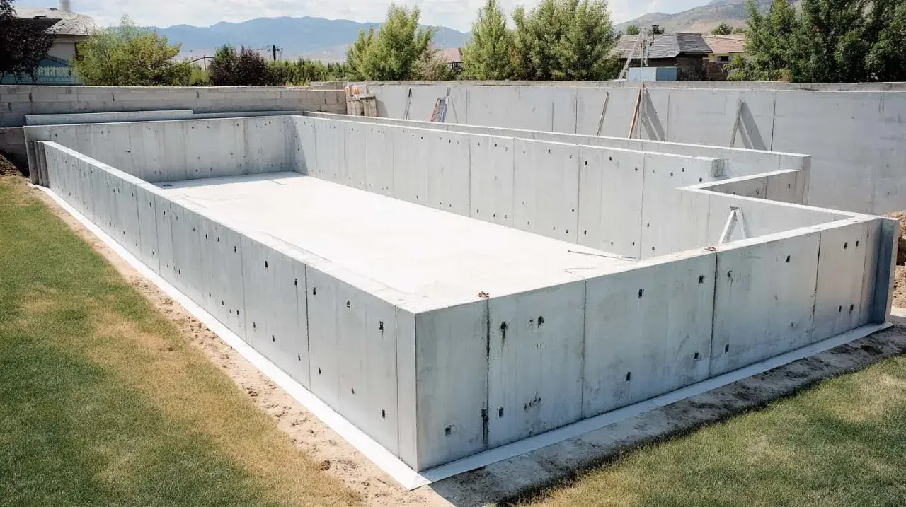 Fundamenty basenu w trakcie budowy. Zastanawiasz się, ile kosztuje budowa basenu przy domu? To pierwszy krok do relaksu.