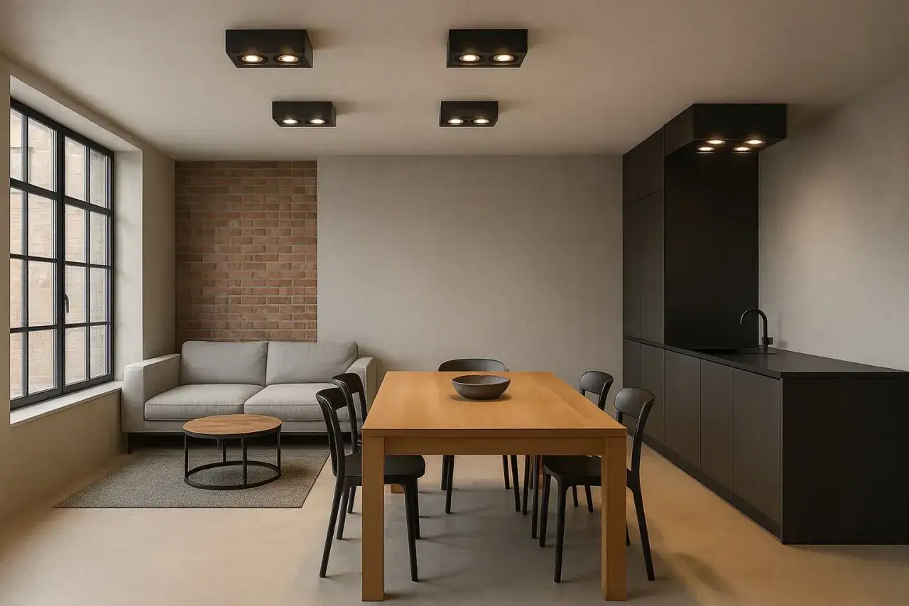 Nowoczesne halogeny sufitowe oświetlają minimalistyczne wnętrze z jadalnią, salonem i kuchnią.